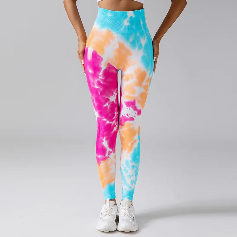 Seamless Tie Dyed Leggings for Women Elastic Hip Lifting Fitness Yoga Pants Eye Catching Sweat Pants with unique Tie Bleached Design