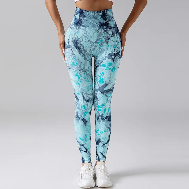 Seamless Tie Dyed Leggings for Women Elastic Hip Lifting Fitness Yoga Pants Eye Catching Sweat Pants with unique Tie Bleached Design