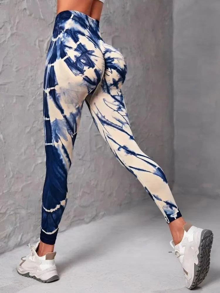 Seamless Tie Dyed Leggings for Women Elastic Hip Lifting Fitness Yoga Pants Eye Catching Sweat Pants with unique Tie Bleached Design