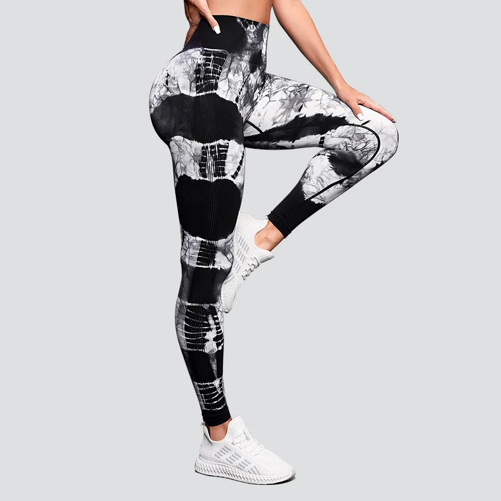 Seamless Tie Dyed Leggings for Women Elastic Hip Lifting Fitness Yoga Pants Eye Catching Sweat Pants with unique Tie Bleached Design