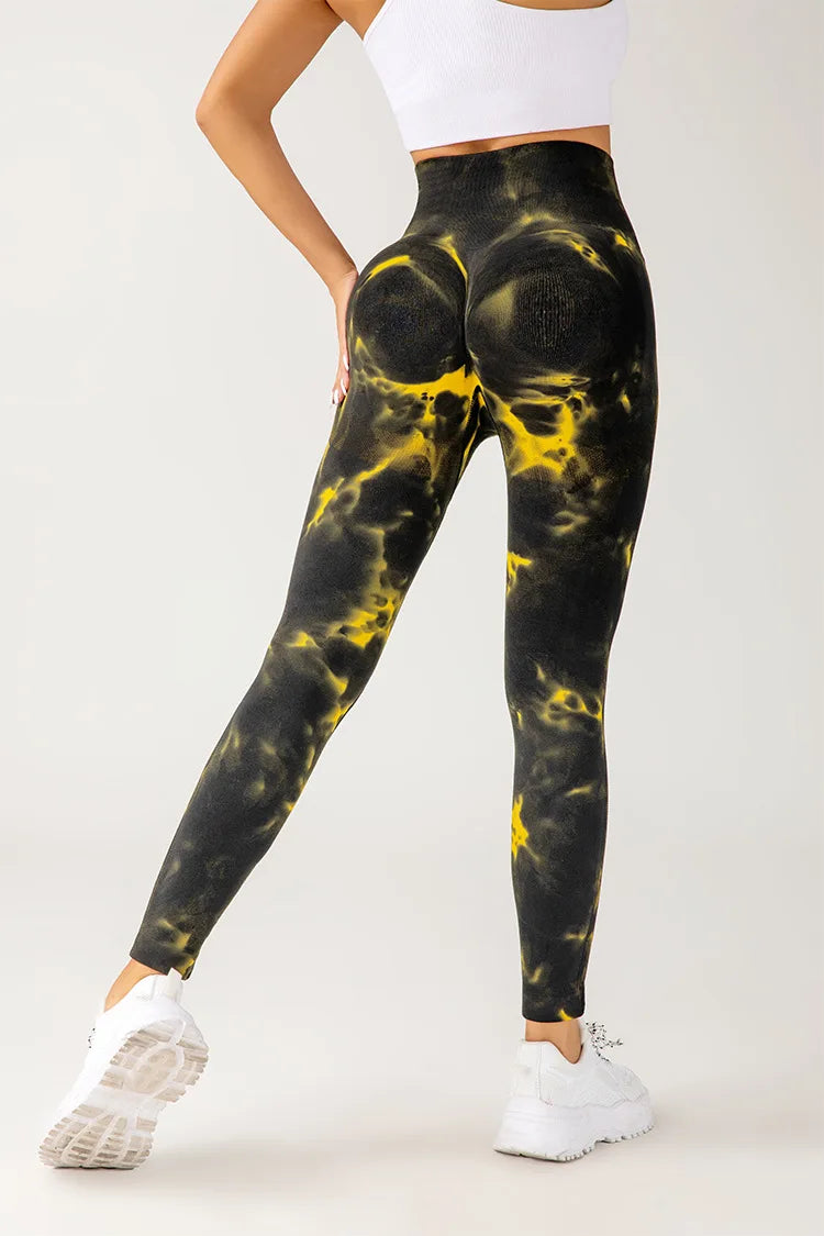 Seamless Tie Dyed Leggings for Women Elastic Hip Lifting Fitness Yoga Pants Eye Catching Sweat Pants with unique Tie Bleached Design