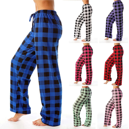 Autumn Winter Plaid Printed Pajama Pants for Women Fashion Casual Wide Leg Streetwear Clothing