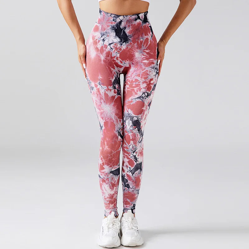 Seamless Tie Dyed Leggings for Women Elastic Hip Lifting Fitness Yoga Pants Eye Catching Sweat Pants with unique Tie Bleached Design