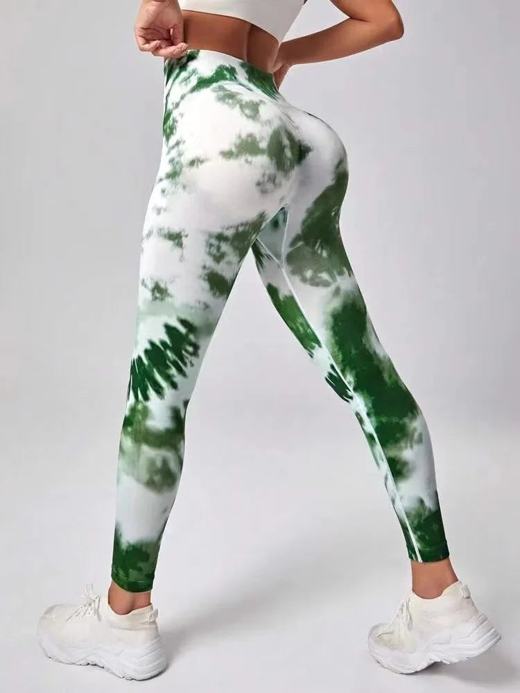 Seamless Tie Dyed Leggings for Women Elastic Hip Lifting Fitness Yoga Pants Eye Catching Sweat Pants with unique Tie Bleached Design