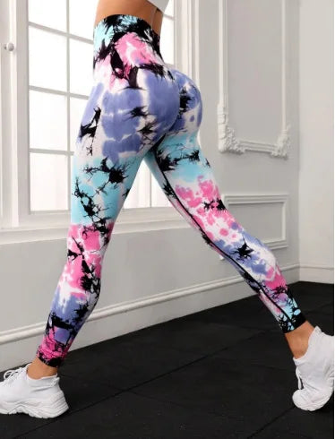 Seamless Tie Dyed Leggings for Women Elastic Hip Lifting Fitness Yoga Pants Eye Catching Sweat Pants with unique Tie Bleached Design