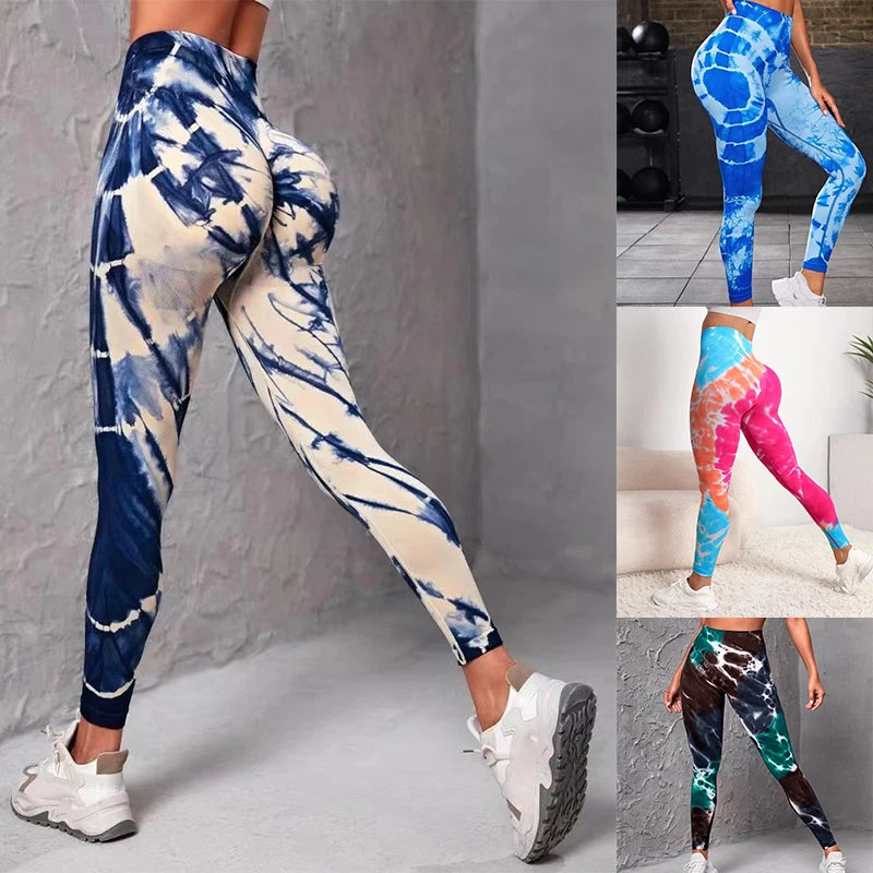 Seamless Tie Dyed Leggings for Women Elastic Hip Lifting Fitness Yoga Pants Eye Catching Sweat Pants with unique Tie Bleached Design