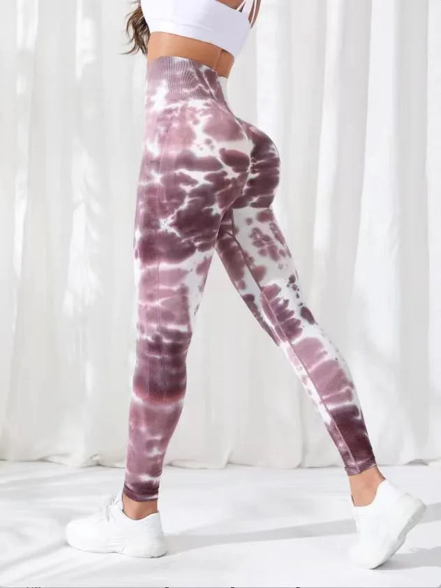 Seamless Tie Dyed Leggings for Women Elastic Hip Lifting Fitness Yoga Pants Eye Catching Sweat Pants with unique Tie Bleached Design