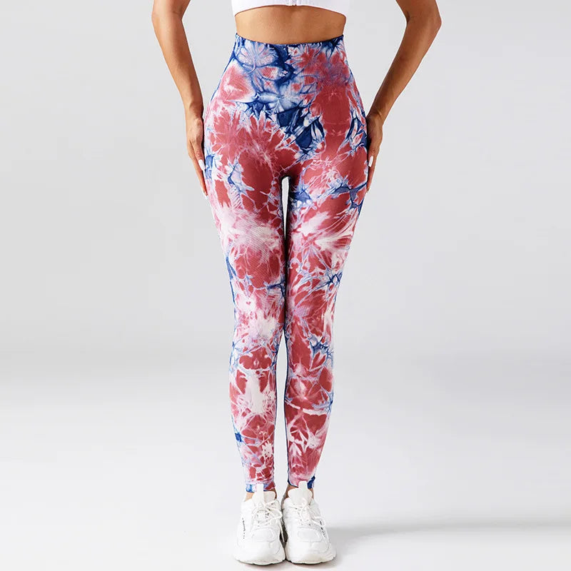 Seamless Tie Dyed Leggings for Women Elastic Hip Lifting Fitness Yoga Pants Eye Catching Sweat Pants with unique Tie Bleached Design