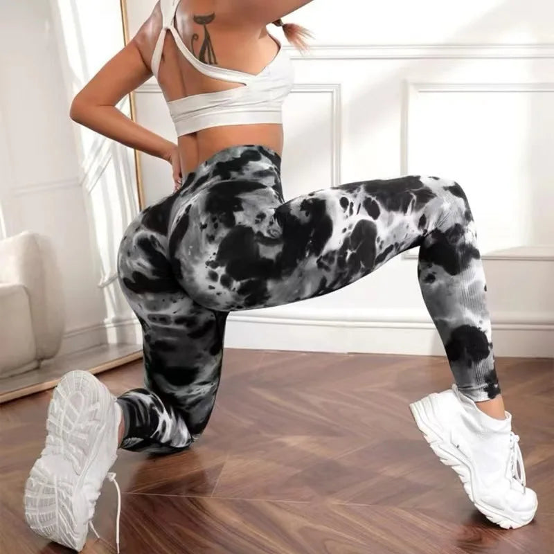 Seamless Tie Dyed Leggings for Women Elastic Hip Lifting Fitness Yoga Pants Eye Catching Sweat Pants with unique Tie Bleached Design