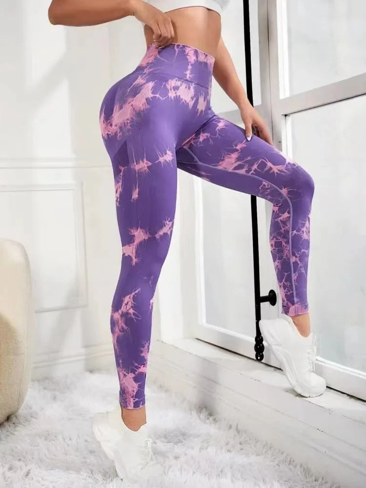 Seamless Tie Dyed Leggings for Women Elastic Hip Lifting Fitness Yoga Pants Eye Catching Sweat Pants with unique Tie Bleached Design