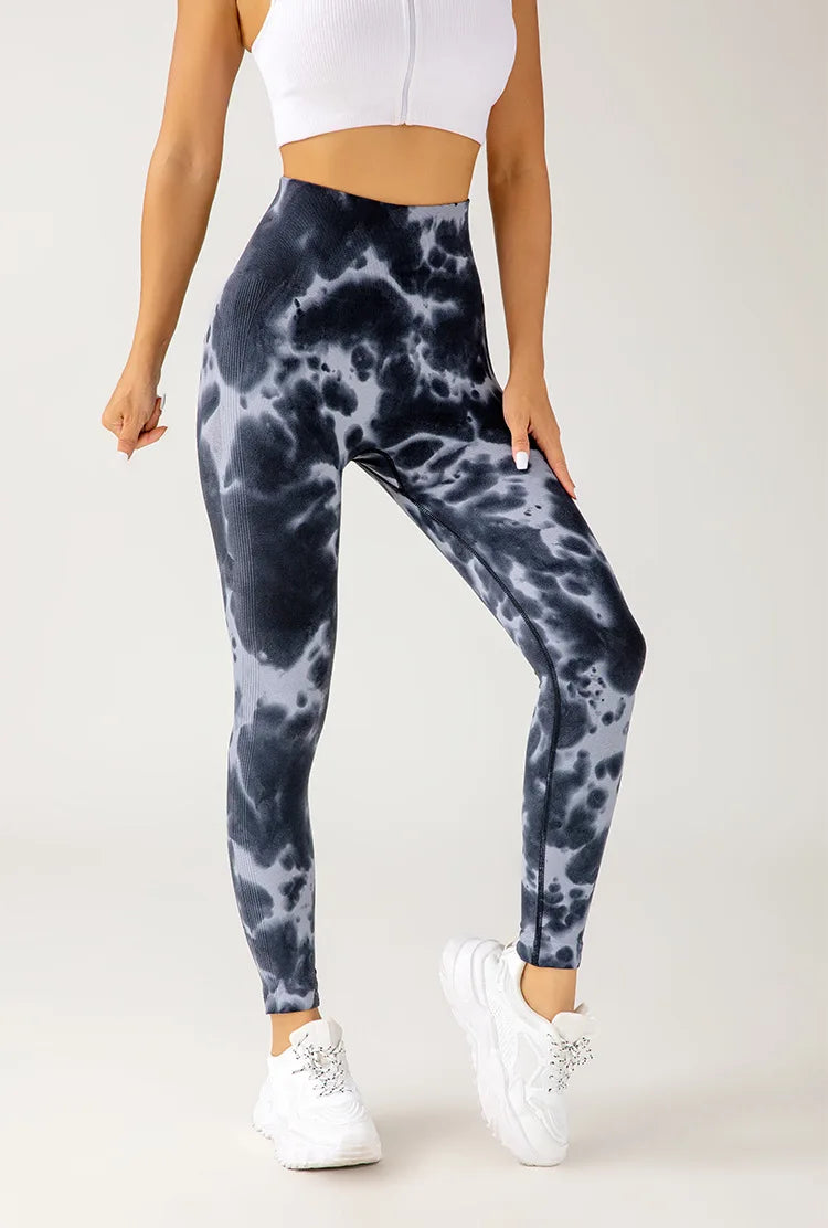 Seamless Tie Dyed Leggings for Women Elastic Hip Lifting Fitness Yoga Pants Eye Catching Sweat Pants with unique Tie Bleached Design