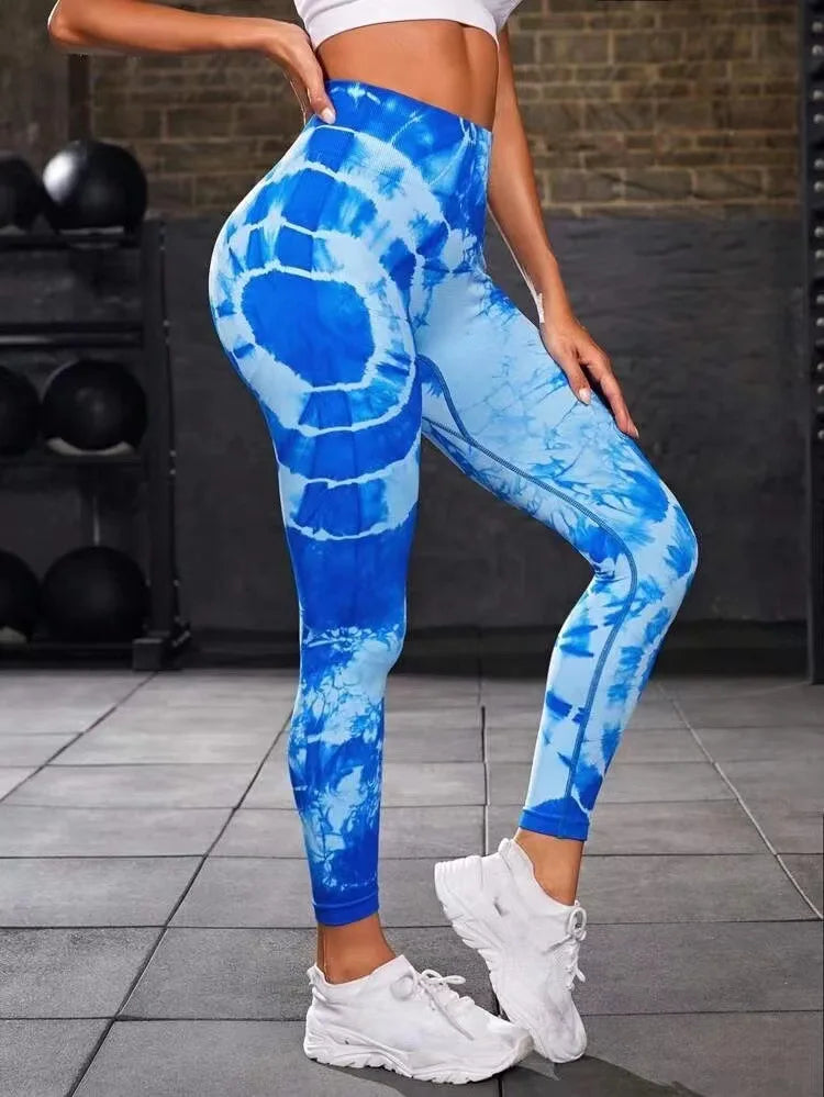 Seamless Tie Dyed Leggings for Women Elastic Hip Lifting Fitness Yoga Pants Eye Catching Sweat Pants with unique Tie Bleached Design