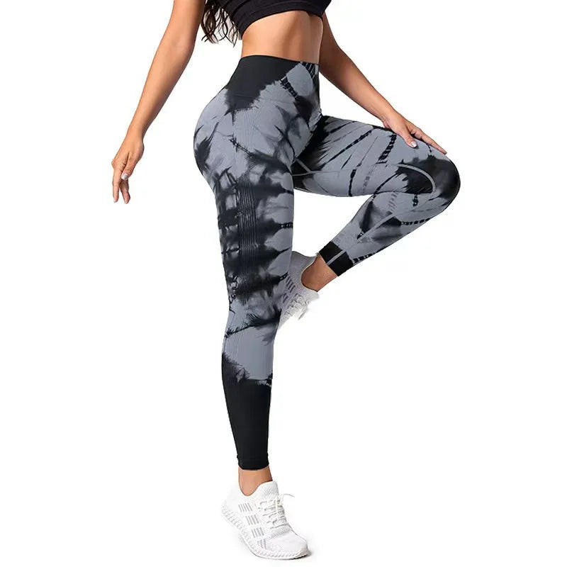 Seamless Tie Dyed Leggings for Women Elastic Hip Lifting Fitness Yoga Pants Eye Catching Sweat Pants with unique Tie Bleached Design